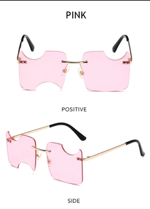 Detailed front and side views of pink rimless sunglasses with geometric notch cutouts