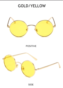 Front and side views of vintage round punk sunglasses with gold frames and yellow lenses