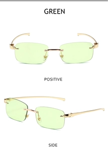Detail of gold leopard head hinge on rimless green rectangular sunglasses