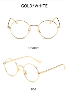 Detailed views of gold metal round punk sunglasses with white lenses in front and side angles