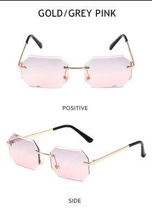 Front and side view of rimless octagonal sunglasses with gold frame and gradient pink lenses
