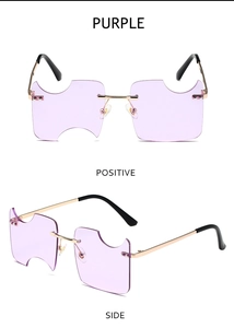 Detail view of purple rimless sunglasses with geometric notch cut lenses and gold metal frame