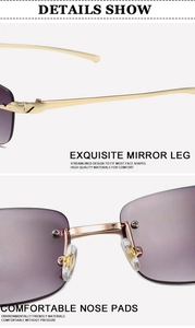 Detail view of gold metal leopard head relief and transparent nose pads on rimless sunglasses