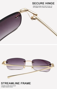 Detail of reinforced metal hinges and purple gradient lenses on rimless sunglasses