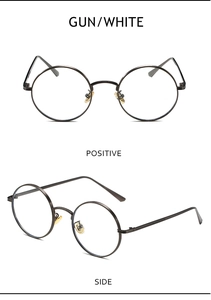 Detailed views of retro round gunmetal sunglasses with gold nose pads from side and front