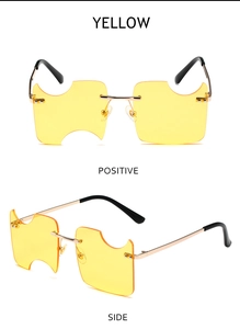Detailed front and side views of yellow cloud-shaped irregular rimless metal sunglasses