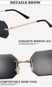 Detail of rose gold metal temples and soft silicone nose pads on rimless sunglasses