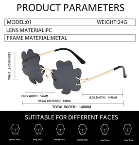 Detail view of shamrock-shaped rimless sunglasses with metal frame and PC lens specs