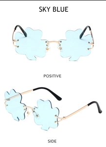 Detailed front and side views of sky blue clover shaped rimless sunglasses with gold frame