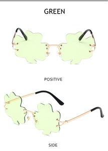 Detailed views of green shamrock sunglasses with gold metal frame for St. Patrick's Day