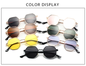 Detailed flat lay of octagonal metal sunglasses showing seven different lens color options
