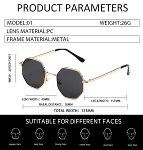 Detailed size chart for retro octagonal metal sunglasses showing frame measurements