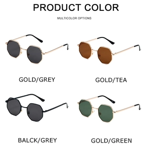 Detailed grid view of metal octagonal sunglasses in gold, black, tea, and green tints