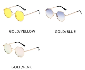 Detail showing vintage octagonal metal frames with yellow, blue, and pink tinted lenses