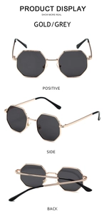 Detail view of gold octagonal metal sunglasses with grey lenses from multiple angles