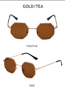 Octagonal gold metal sunglasses with tea lenses showing front and side profile views