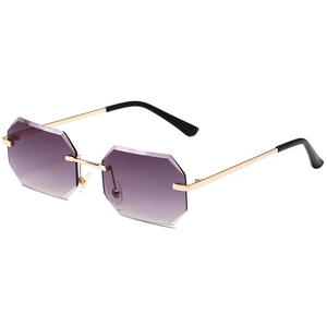 Frameless octagonal sunglasses with purple gradient lenses and golden metal frames