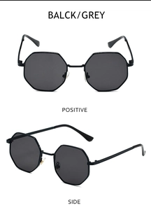 Detailed views of octagonal black metal sunglasses featuring slim frame and nose pads