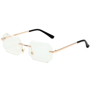 Modern rimless rectangular sunglasses with gold metal temples and faceted lenses