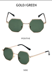 Front and side view of vintage octagon metal sunglasses with gold frame and green lenses