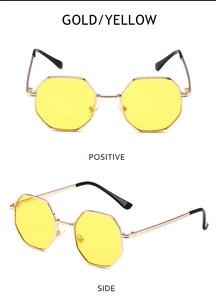 Detail view showing golden metal octagonal sunglasses with yellow lenses from dual angles