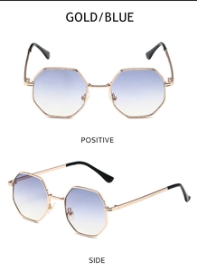 Front and side view of gold octagonal sunglasses with blue to yellow gradient lenses