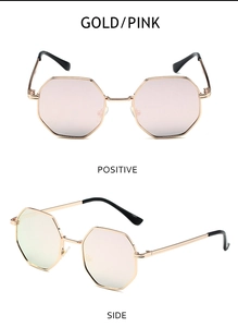 Front and side view of gold metal octagonal sunglasses with gradient pink lenses