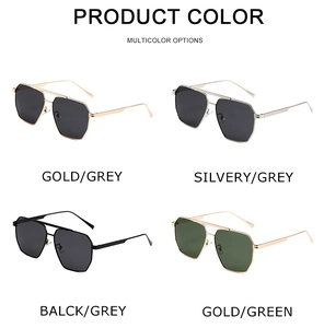 Four pairs of polarized aviator sunglasses in gold, silver, and black frames on white background