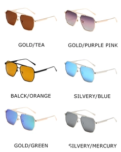 Multiple color variations of double-bridge pilot sunglasses with diverse gradient lenses