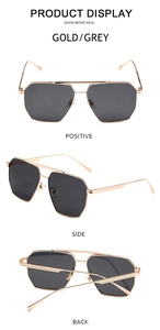 Detailed views of gold metal pilot sunglasses with grey lenses and double bridge design