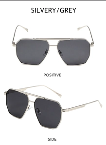 Front and side view of silver geometric aviator sunglasses with double bridge and grey lenses
