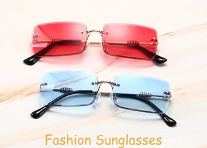 Detail view of rimless square sunglasses featuring metal temples and embossed hinges