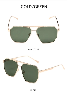 Detailed views of gold metal double bridge sunglasses with green polarized lenses