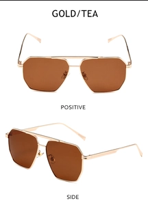 Detail view of gold geometric sunglasses with tea lenses and double bridge design