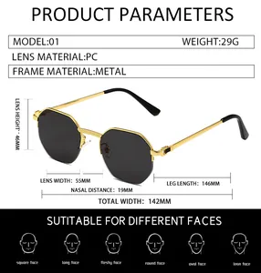 Detailed size chart for retro metal half-frame sunglasses with specific dimensions