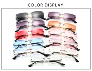 Color array of frameless square metal sunglasses showing eleven vibrant lens options