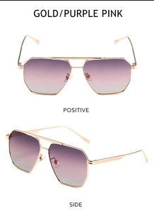 Detailed views of gold aviator sunglasses with purple pink gradient lenses and double bridge