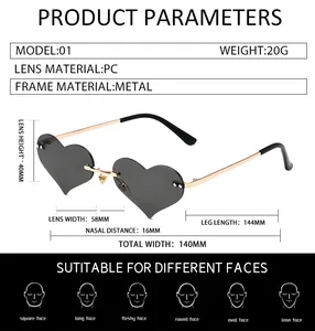 Detailed size chart and technical specifications for rimless heart-shaped metal sunglasses