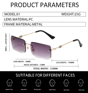 Detailed specifications of rimless square metal sunglasses with purple gradient lenses