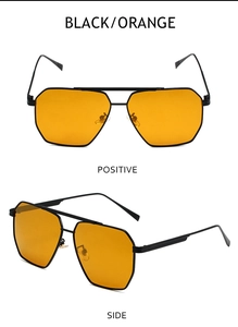 Front and side views of vintage double-bridge aviator sunglasses with orange lenses