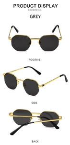 Front, side, and back views of octagonal metal sunglasses with grey lenses and textured bridge