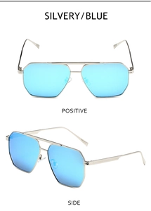 Octagonal double bridge aviator sunglasses with silver frame and blue mirror lenses