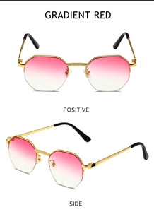 Detailed views of gradient red half-frame metal sunglasses from front and side angles