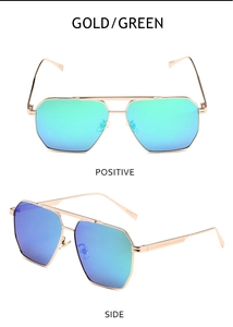 Detailed views of gold pilot sunglasses with green gradient lenses from front and side