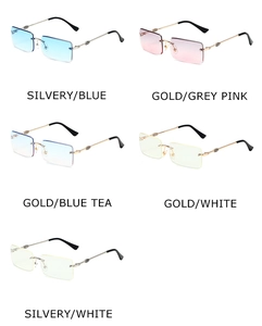 Close-up of rimless square metal sunglasses in various gradient colors and finishes