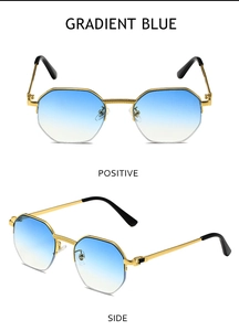 Detailed front and side views of vintage semi-rimless sunglasses with gradient blue lenses