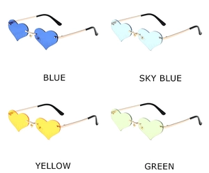 Detail view of four colorful rimless heart sunglasses with thin metal temples