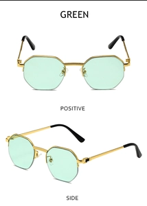 Detailed front and side views of vintage semi-rimless sunglasses with green lenses