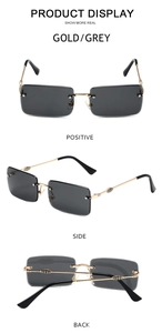 Three-way view of rimless square gold metal sunglasses with grey lenses and textured temples