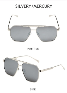 Detail of silver double bridge sunglasses with mercury lenses from front and side views
